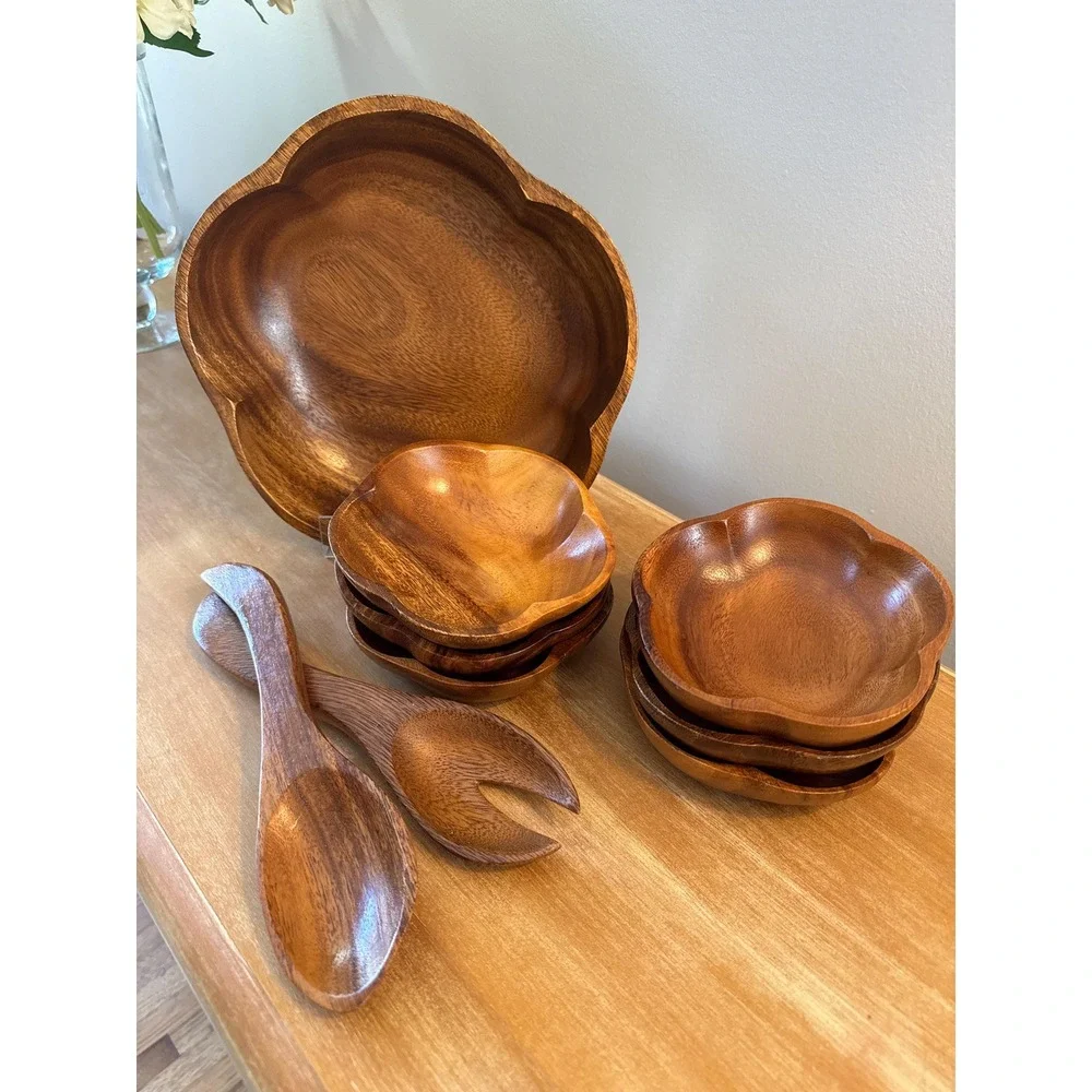Vintage Monkey Pod 9 pc Salad Bowl Set -6 Bowls,2 Serving Pieces & Large Bowl
